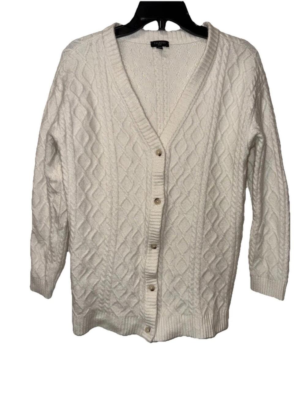 Talbots womens cable knit cardigan sweater Alpaca Wool Blend Size M Petite White